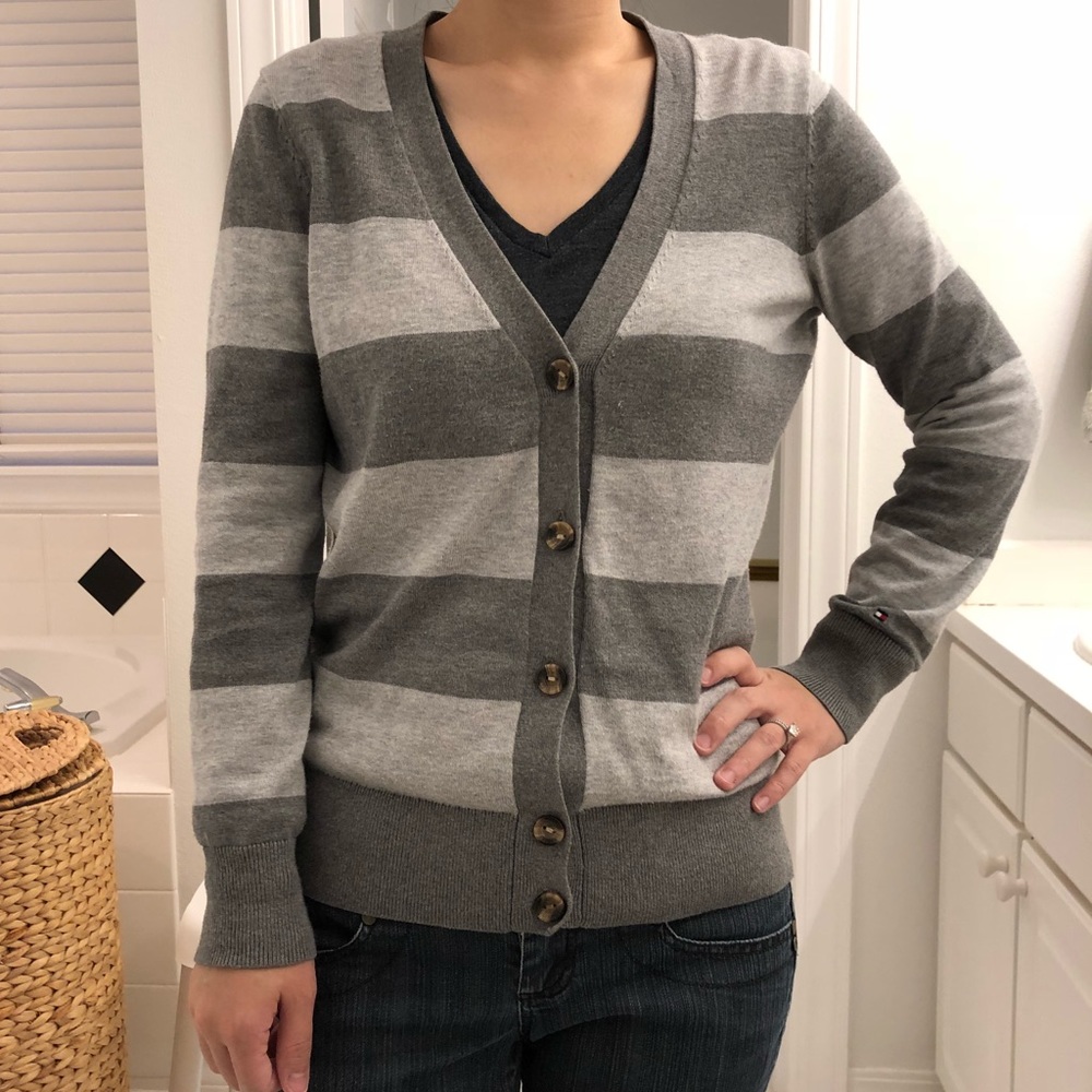 Tommy Hilfiger v neck gray stripe cardigan sweater